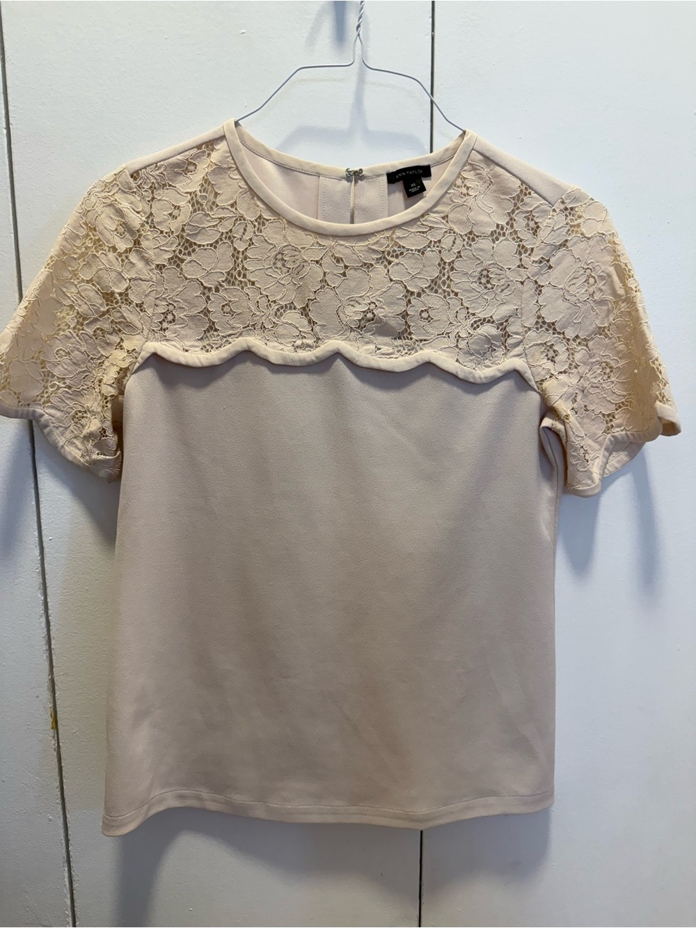 Ann Taylor Cream Lace Yoke Short Sleeve Top